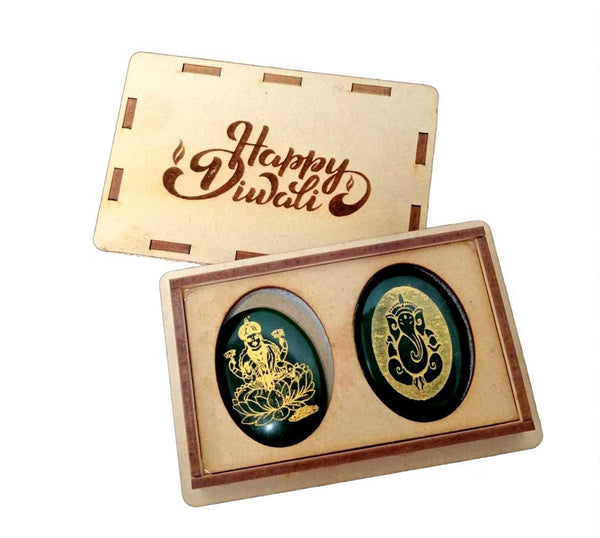 Green Jade Laxmi & Ganesha Set with Zibu Symbol — Happy Diwali Wooden Gift Box | Prosperity Puja Gif