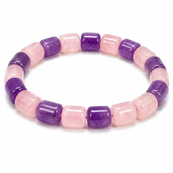 Natural Rose Quartz & Amethyst Cylinder Bead Bracelet | Handmade Healing Crystal Stretch Bracelet |