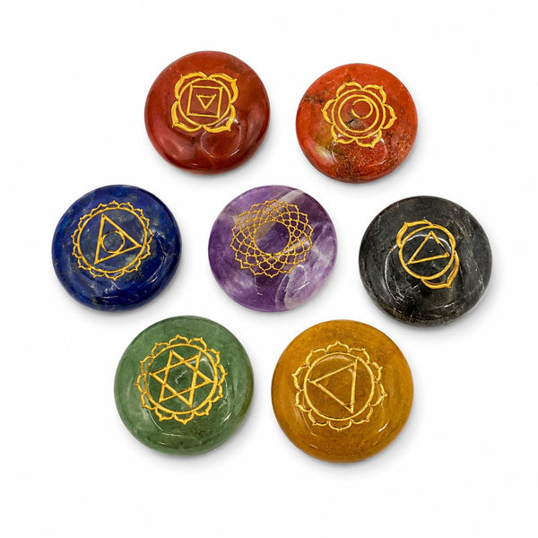 7 Chakra Engraved Palm Stone Set | Natural Crystal Healing Stones