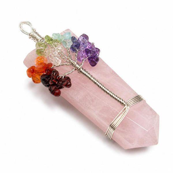 Natural Rose Quartz Tree of Life Double Point Pendant | Handmade Wire Wrapped Crystal Necklace | Hea