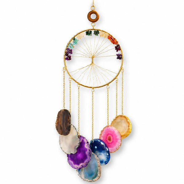 7 Chakra Tree of Life Agate Wall Hanging | Natural Crystal Wind Chime Décor