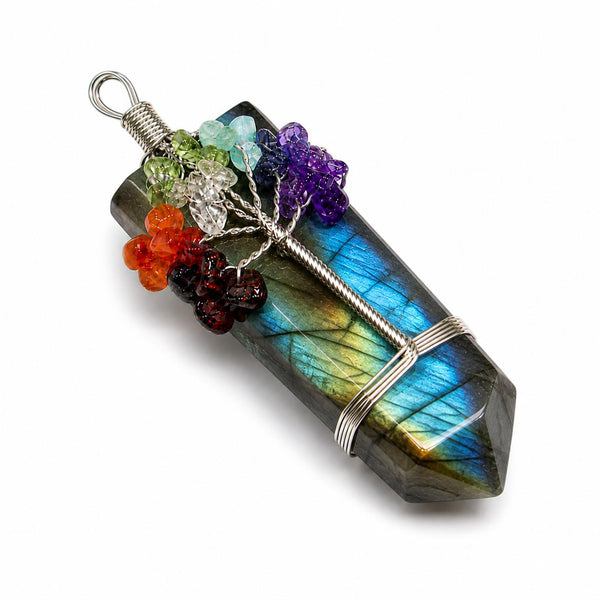 Natural Labradorite Tree of Life Double Point Pendant | Flashy Wire Wrapped Crystal Necklace | Reiki