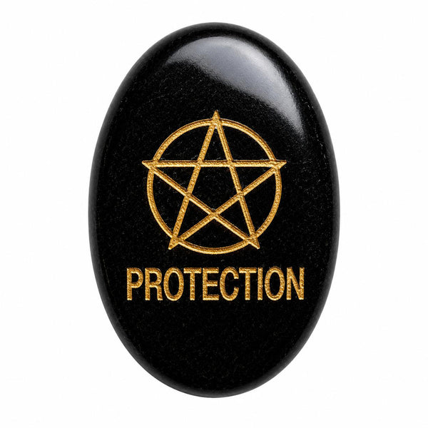 Black Obsidian Protection Palm Stone | Engraved Natural Crystal Worry Stone