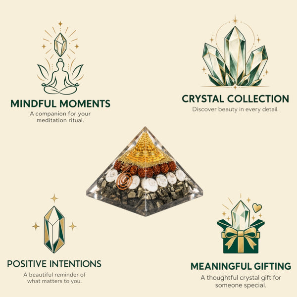 Pyrite Shree Yantra Orgonite Pyramid with Rudraksha & Gomti Chakra