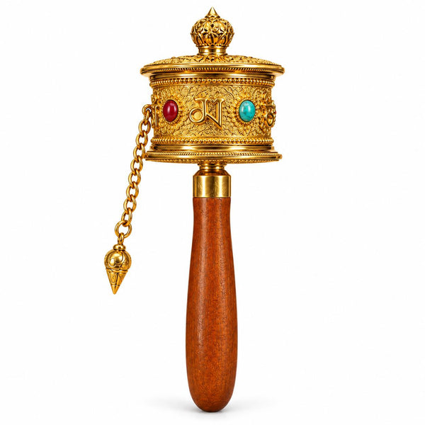 Tibetan Buddhist Prayer Wheel with Wooden Handle