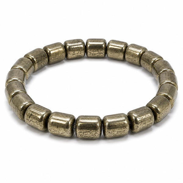 Natural Pyrite Cylinder Bead Bracelet | Handmade Crystal Stretch Bracelet | Premium Metallic Stone J