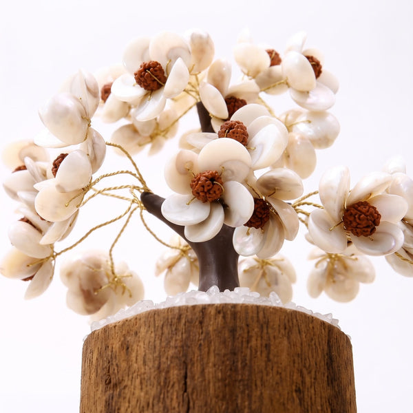 Sahara Agate decorative tree featuring 300 white Gomti chakra shells and brown rudraksha beads on a wooden base.