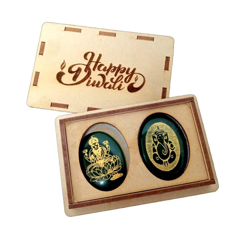 Green Jade Laxmi & Ganesha Set with Zibu Symbol — Happy Diwali Wooden Gift Box | Prosperity Puja Gif