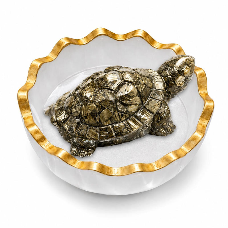 Pyrite Crystal Tortoise with Selenite Bowl | Natural Gemstone Vastu Décor