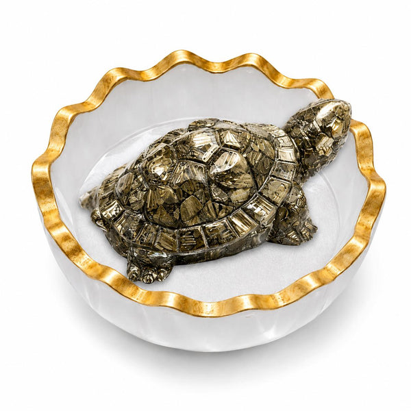 Pyrite Crystal Tortoise with Selenite Bowl | Natural Gemstone Vastu Décor