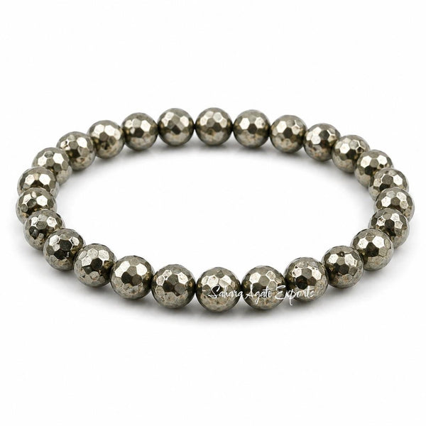 Natural Faceted Pyrite Bracelet 8mm | Premium Gemstone Bead Bracelet