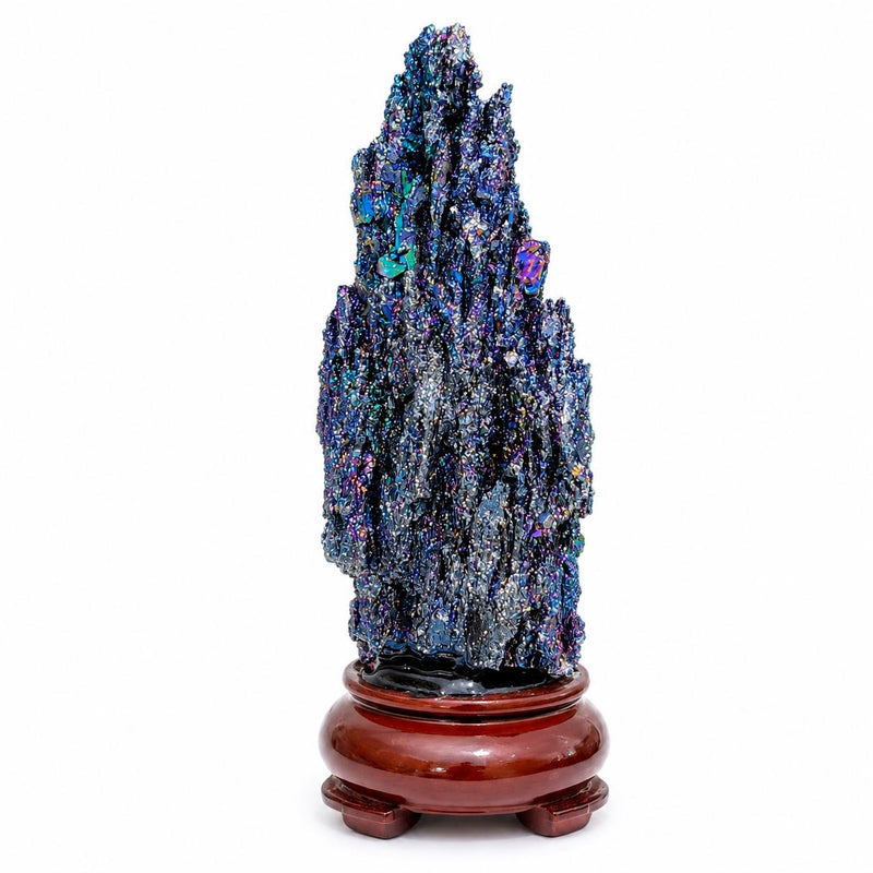 Natural Titanium Aura Quartz Cluster on Wooden Stand | Rainbow Aura Crystal Display | Home Decor | R