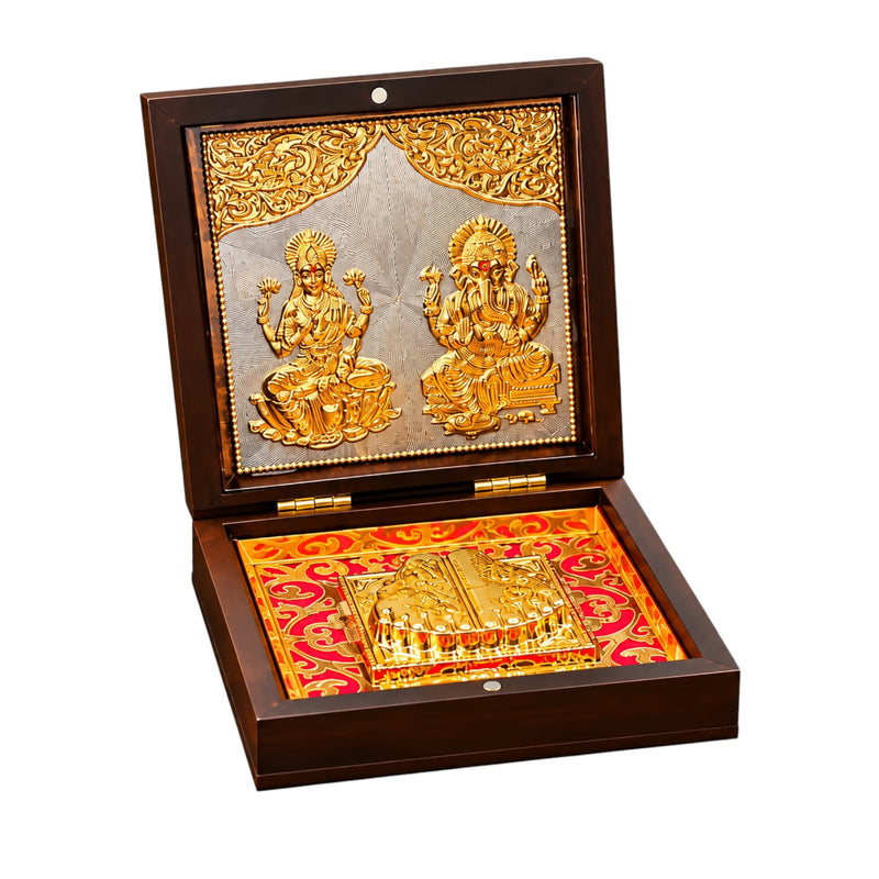 Laxmi Ganesha Charan Paduka Wooden Box – Golden & Silver Plated Wealth Vastu Frame