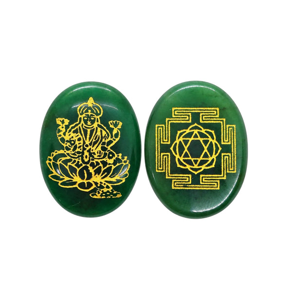 Green Aventurine Goddess Laxmi & Shree Yantra Pocket Stone – Wealth & Prosperity Talisman