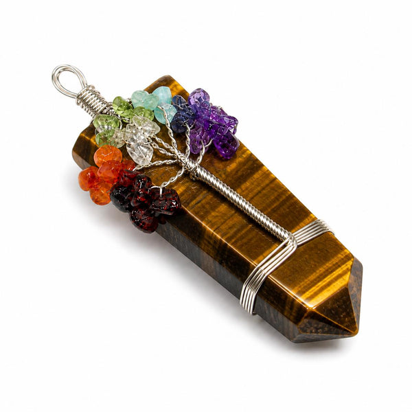 Natural Tiger Eye Tree of Life Double Point Pendant | Handmade Wire Wrapped Crystal Necklace | Heali