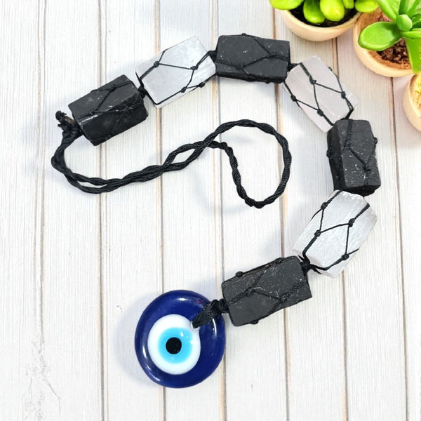 Selenite & Black Tourmaline Hanging with Evil Eye – Crystal Protection Hanging for Negativity Remova