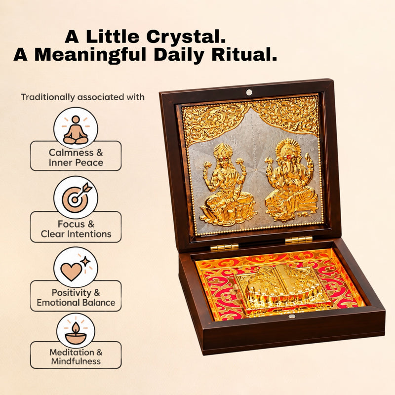 Laxmi Ganesha Charan Paduka Wooden Box – Golden & Silver Plated Wealth Vastu Frame