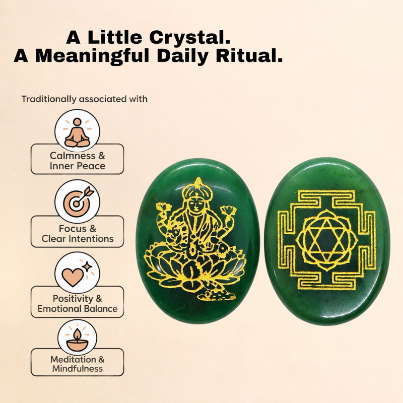Green Aventurine Goddess Laxmi & Shree Yantra Pocket Stone – Wealth & Prosperity Talisman