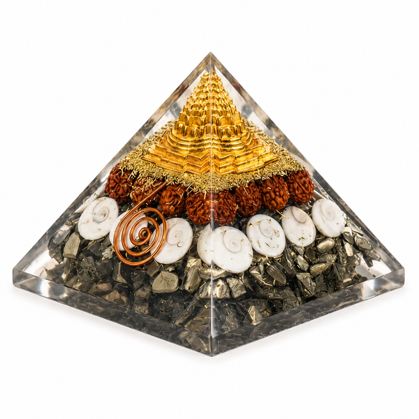 Pyrite Shree Yantra Orgonite Pyramid with Rudraksha & Gomti Chakra