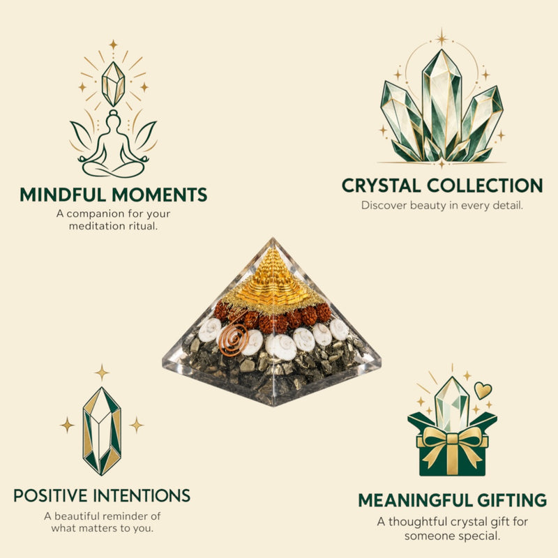Pyrite Shree Yantra Orgonite Pyramid with Rudraksha & Gomti Chakra