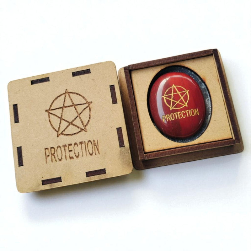 Red Jasper Zibu Protection Coin or Medallion in Wooden Gift Box – Angelic Symbol, Healing Talisman
