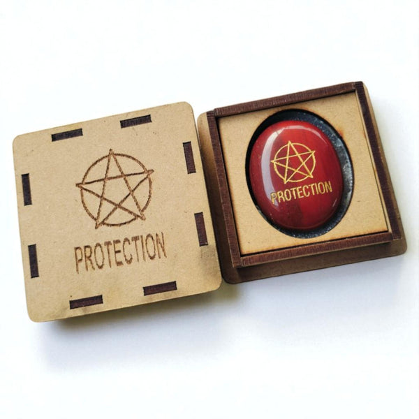 Red Jasper Zibu Protection Coin or Medallion in Wooden Gift Box – Angelic Symbol, Healing Talisman