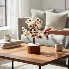 Sahara Agate decorative tree featuring 300 white Gomti chakra shells and rudraksha beads on a wooden base.