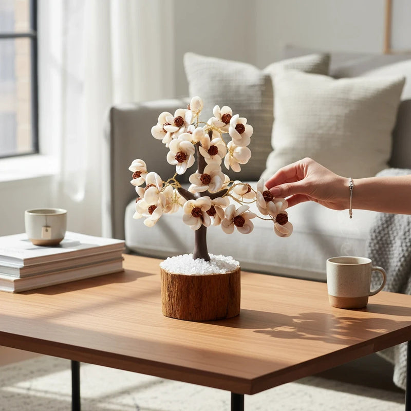 Sahara Agate decorative tree featuring 300 white Gomti chakra shells and rudraksha beads on a wooden base.