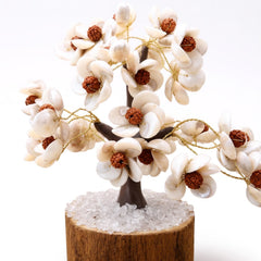 Sahara Agate decorative tree featuring 300 white Gomti chakra shell flowers with brown rudraksha bead centers