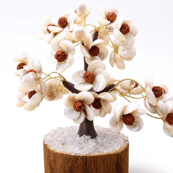 Sahara Agate decorative tree featuring 300 white Gomti chakra shell flowers with brown rudraksha bead centers