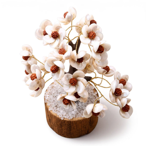 Sahara Agate decorative tree featuring 300 white Gomti chakra shells and brown rudraksha beads on a wooden base.