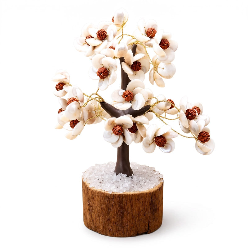 Sahara Agate decorative tree featuring 300 white Gomti chakra shells and brown rudraksha beads on a wooden base.