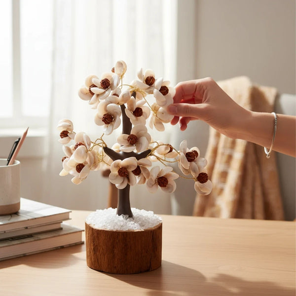 Sahara Agate decorative tree featuring 300 white Gomti chakra shells and brown rudraksha beads on a wooden base.